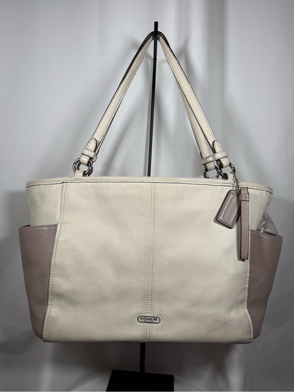 Coach Ivory Pebbled Leather Tote with Taupe Side Panels